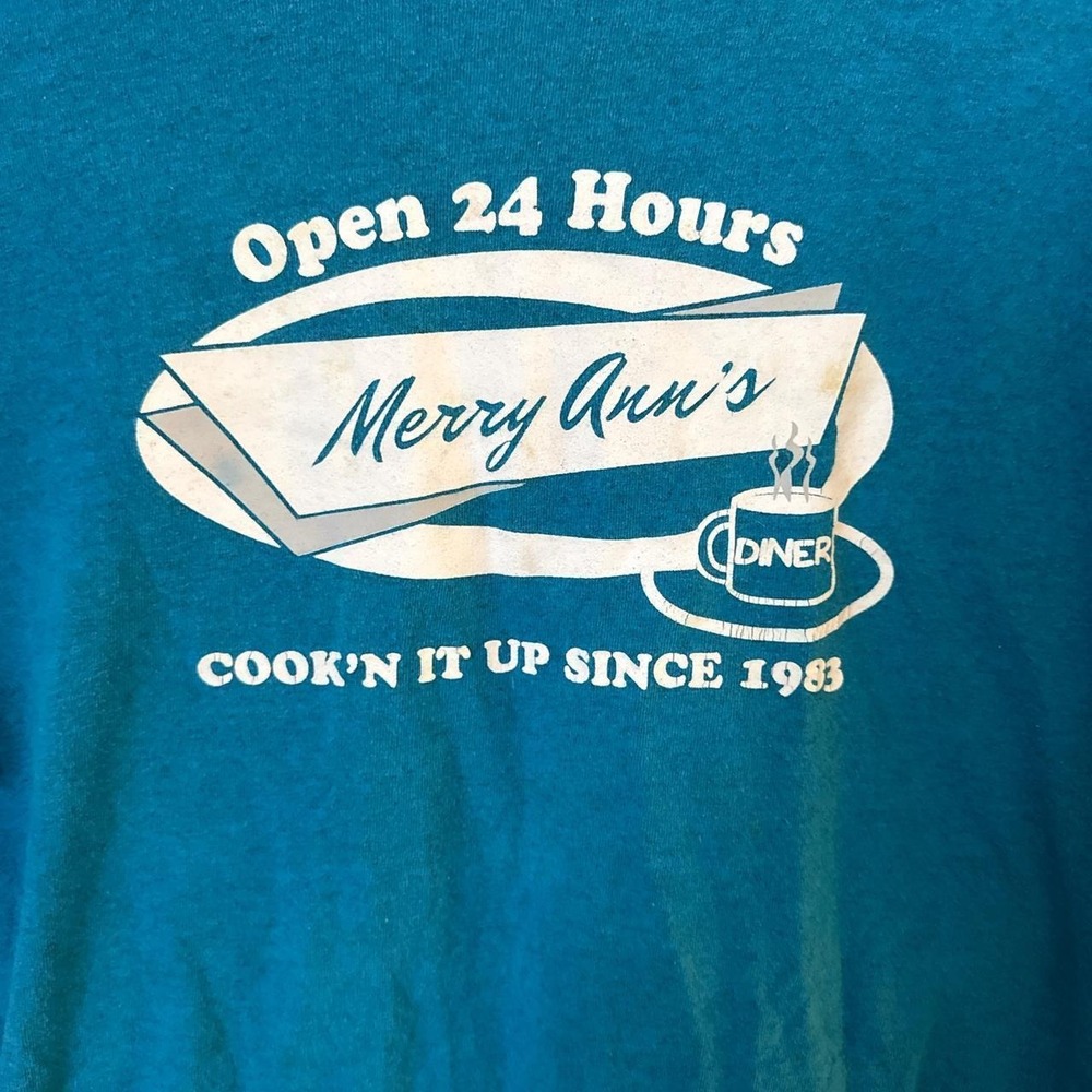 Vintage 1983 Merry Ann's Diner Blue Graphic T-Shirt Mens Teal Teal Blue